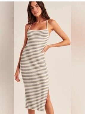 Striped Knit Midi Slip Dress - Cream & Gray